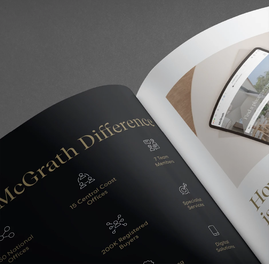 Prestige real estate agency sales brochure spread design for McGrath featuring editorial layout with luxury copywriting and brand messaging