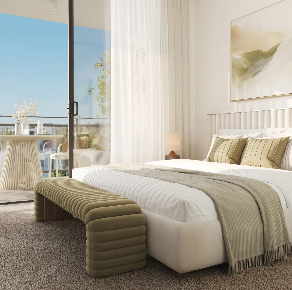 Luxury apartment interior photography featuring master bedroom with ensuite and ocean views for Belmonte Sutherland Shire development marketing